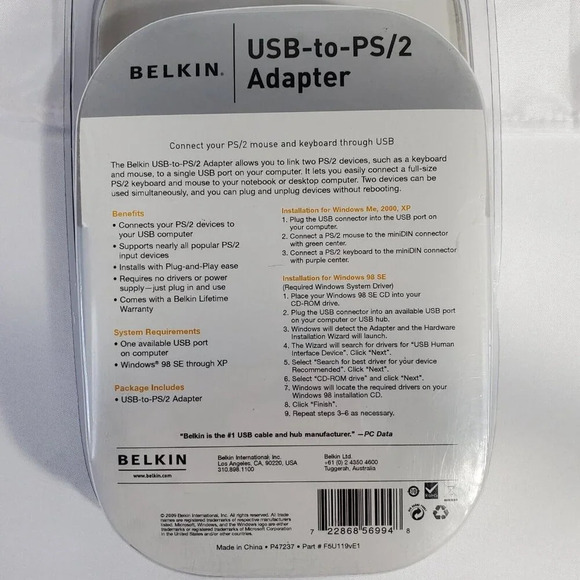 Belkin USB-to-PS/2 Adapter F5U119VE1 - Connect PS/2 Mouse & Keyboard USB New - Picture 4 of 5